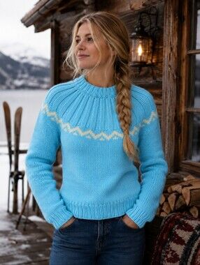 Hand Knit Chunky Scandi Norwegian Sky Blue Fairisle Knit Sweater Sz S